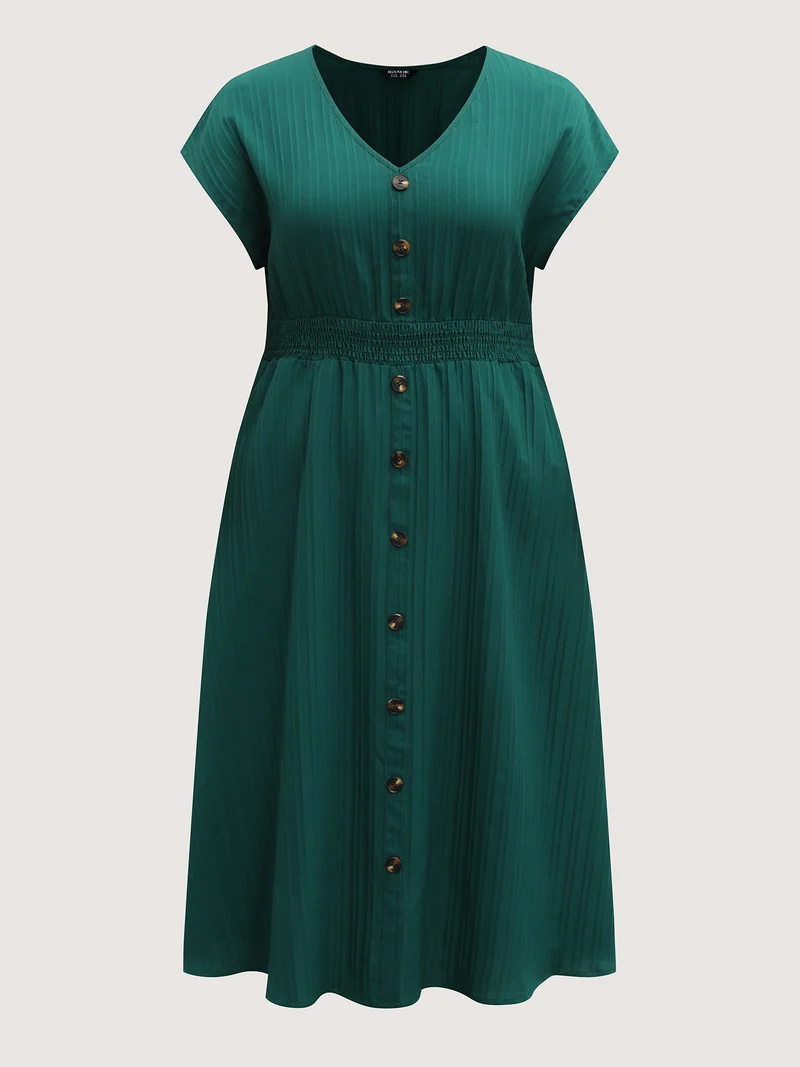 Textured Shirred Waist Button Midi Dress