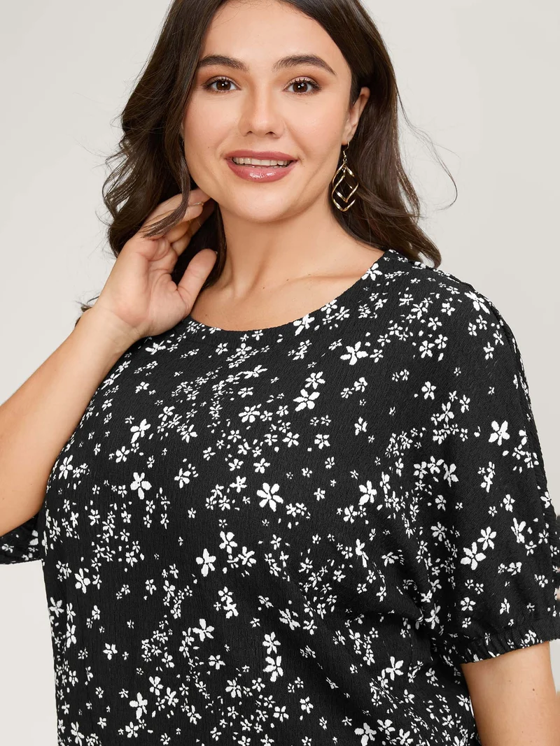 Floral Print Textured Puffy Sleeve Blouse
