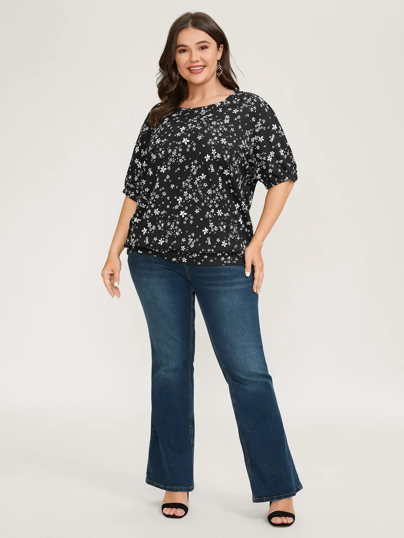 Floral Print Textured Puffy Sleeve Blouse