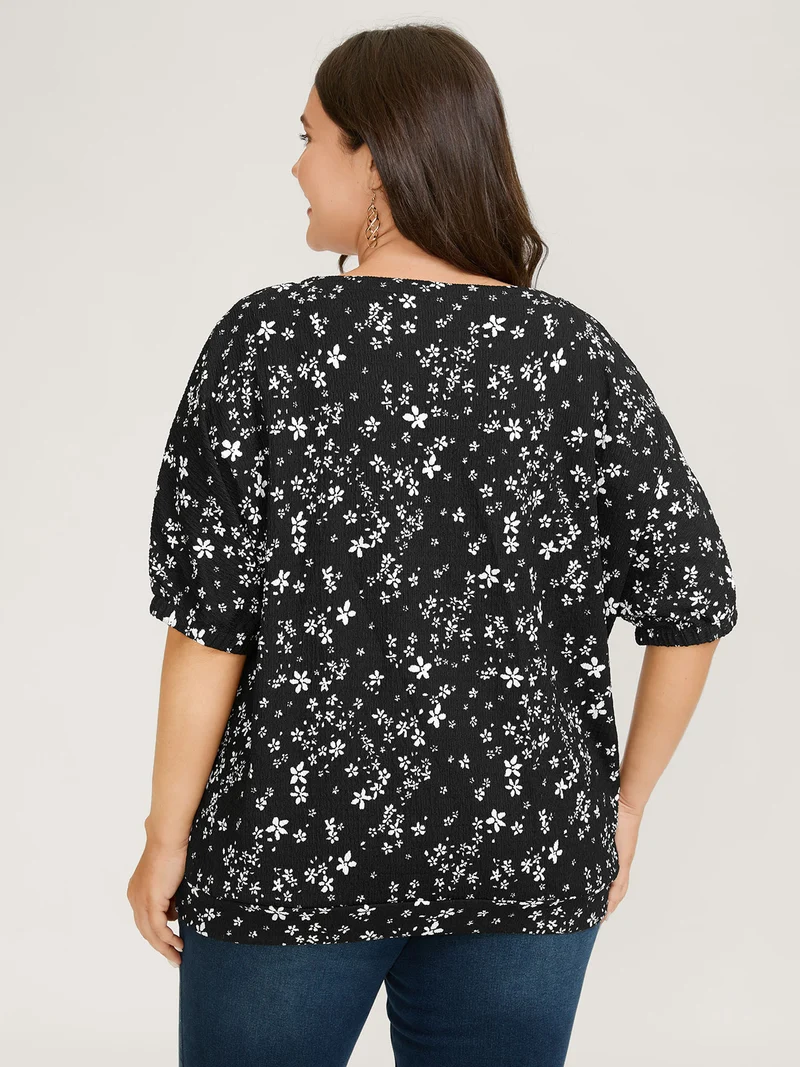 Floral Print Textured Puffy Sleeve Blouse