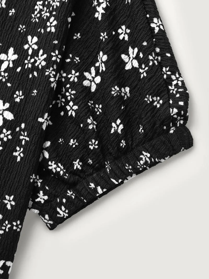 Floral Print Textured Puffy Sleeve Blouse