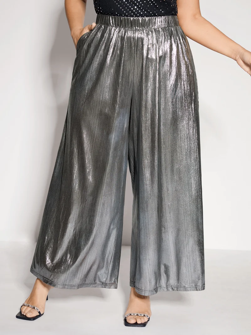 Metallic Shimmer Flowy Wide-Leg Pants