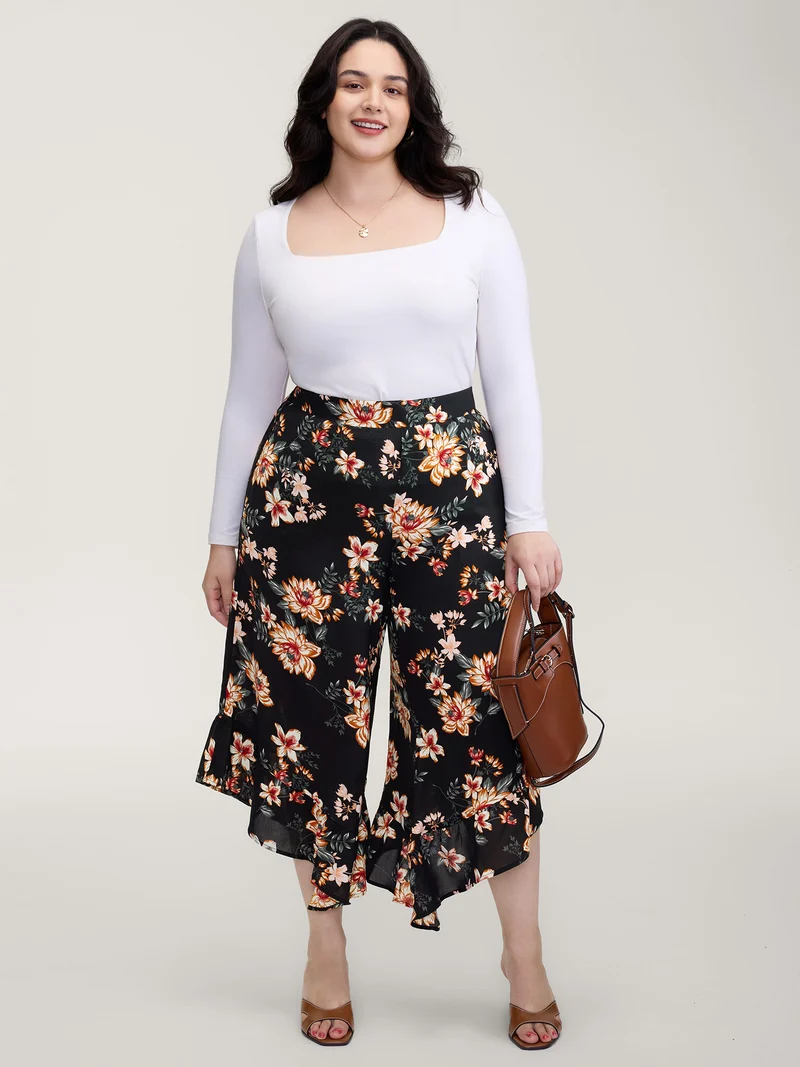 Floral Print Ruffled Wide-Leg Pants