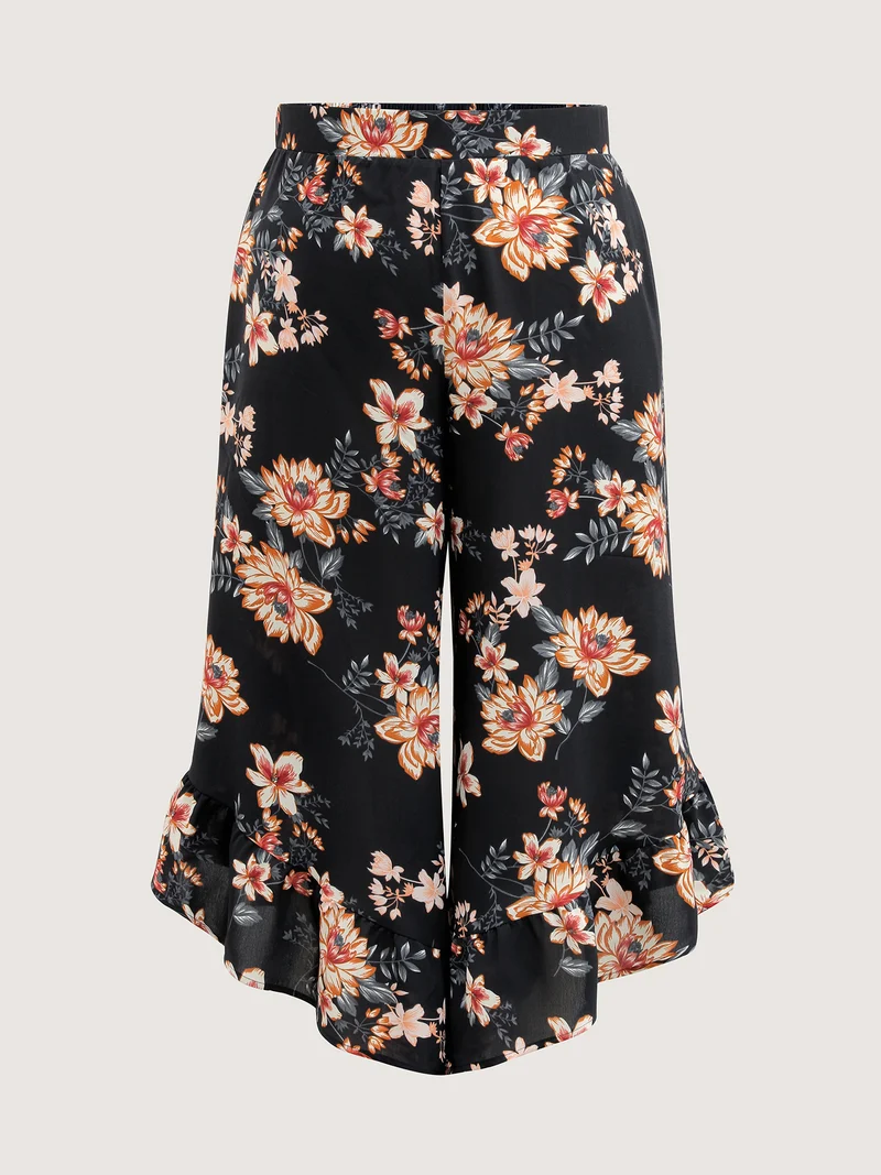 Floral Print Ruffled Wide-Leg Pants