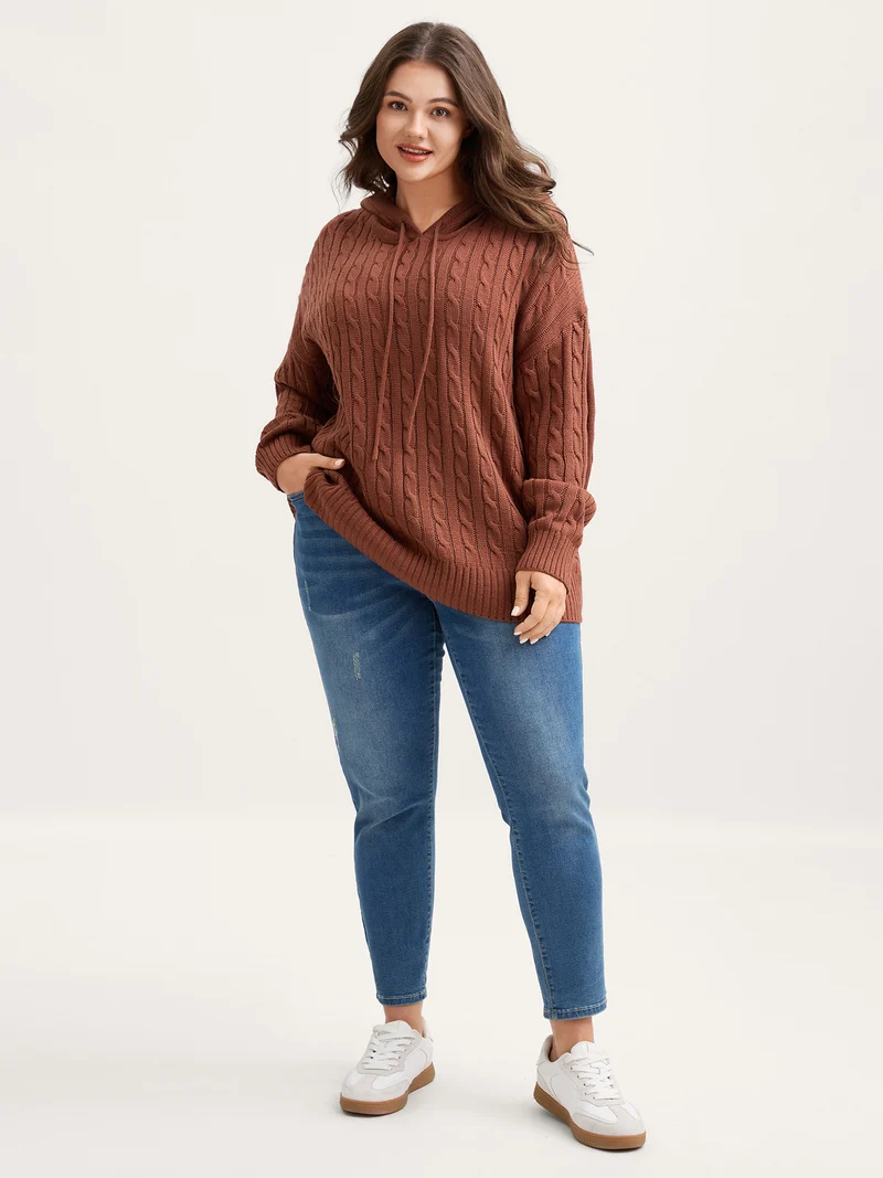 Textured Hooded Ribbed Hem Pullover