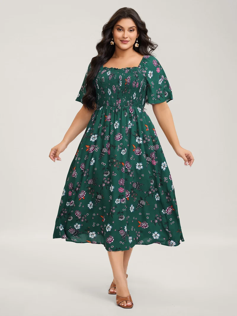 Dark Floral Print Shirred Bodice Midi Dress
