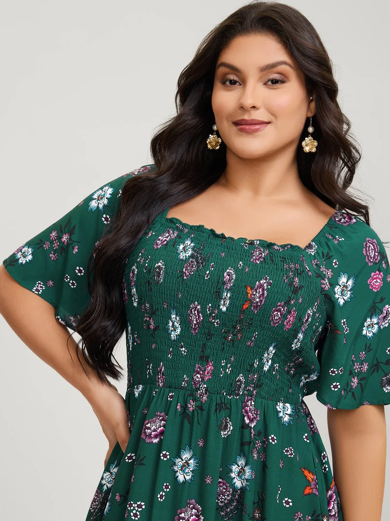 Dark Floral Print Shirred Bodice Midi Dress