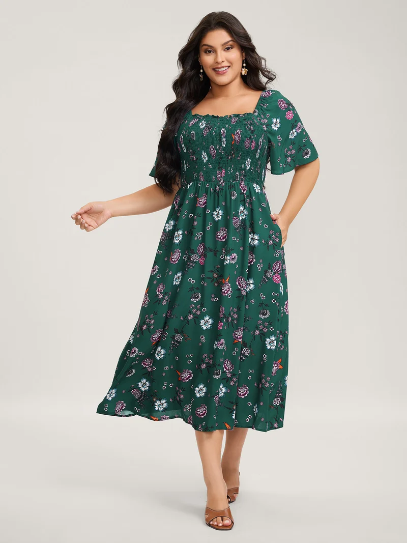 Dark Floral Print Shirred Bodice Midi Dress