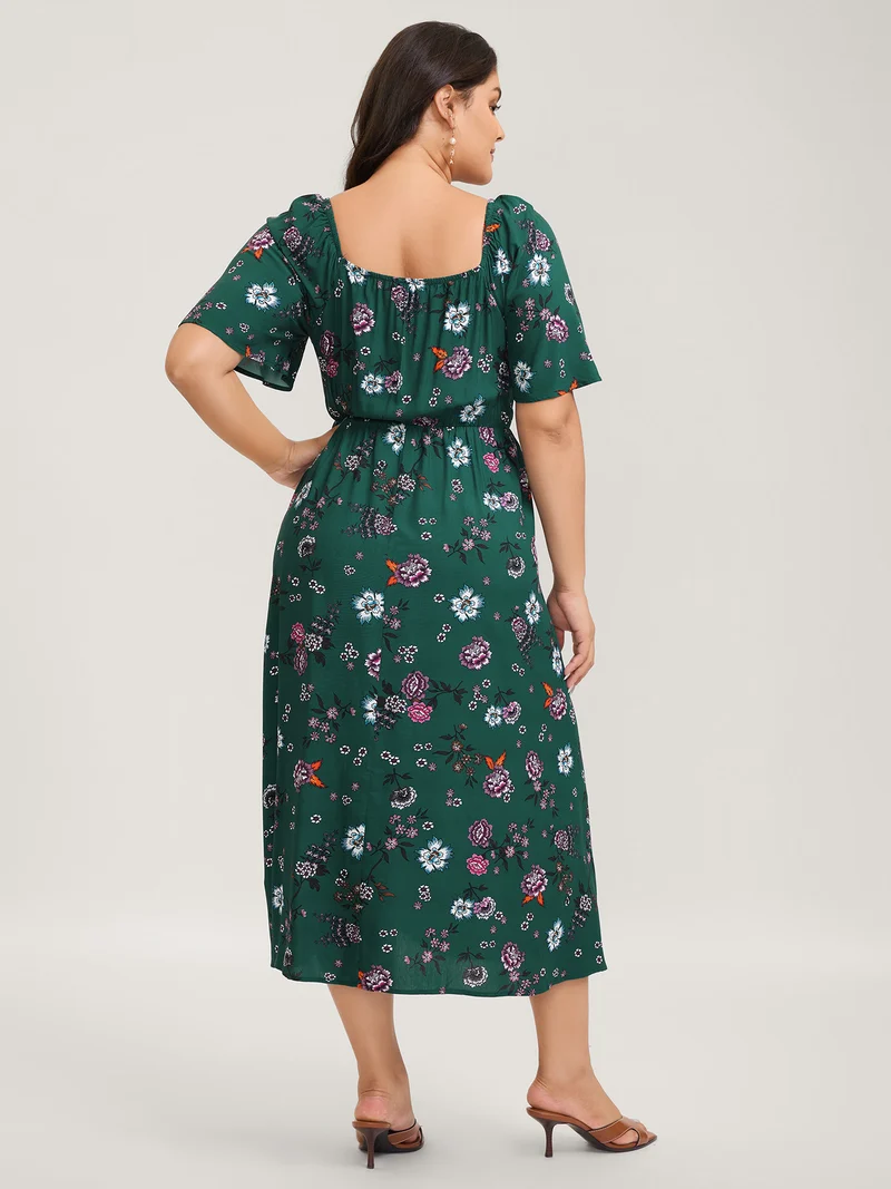 Dark Floral Print Shirred Bodice Midi Dress