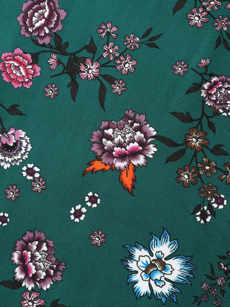 Dark Floral Print Shirred Bodice Midi Dress