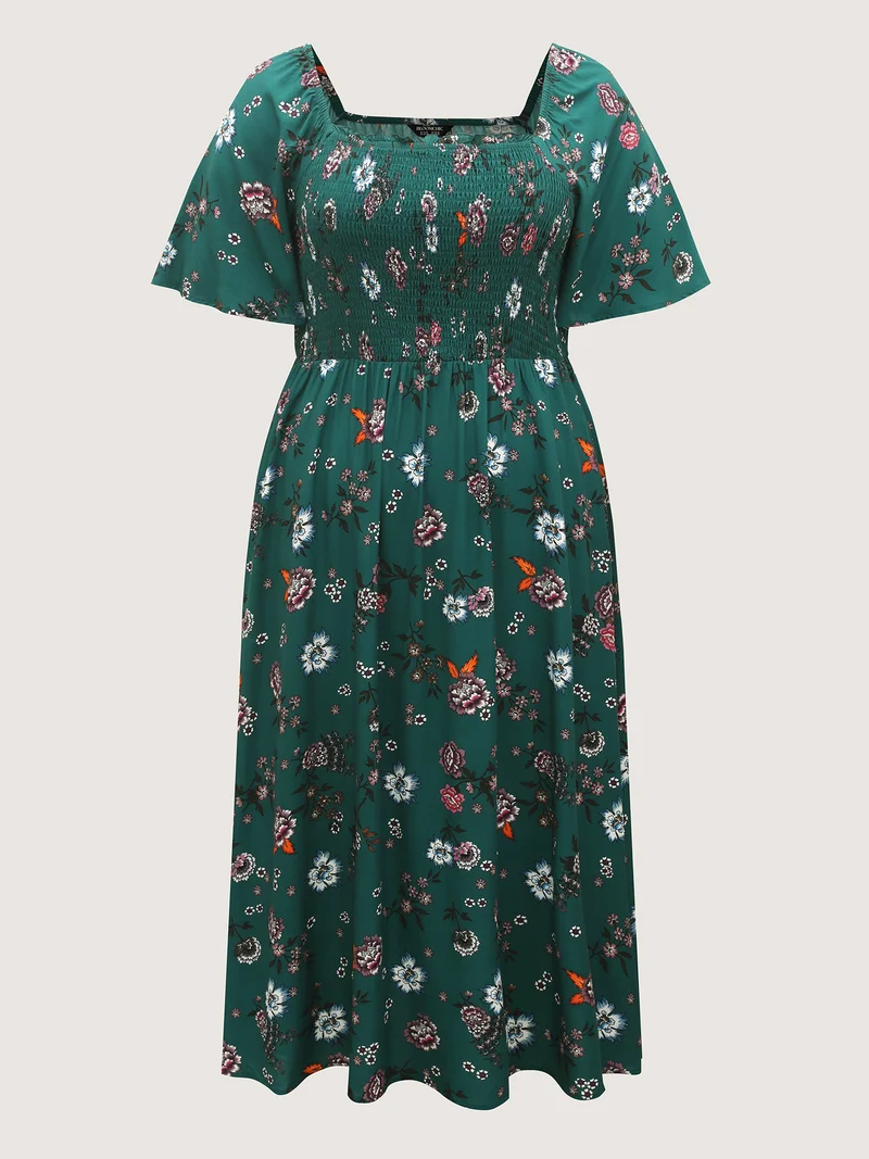 Dark Floral Print Shirred Bodice Midi Dress