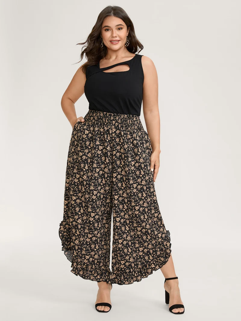 Floral Print Ruffled Asymmetrical Hem Pants