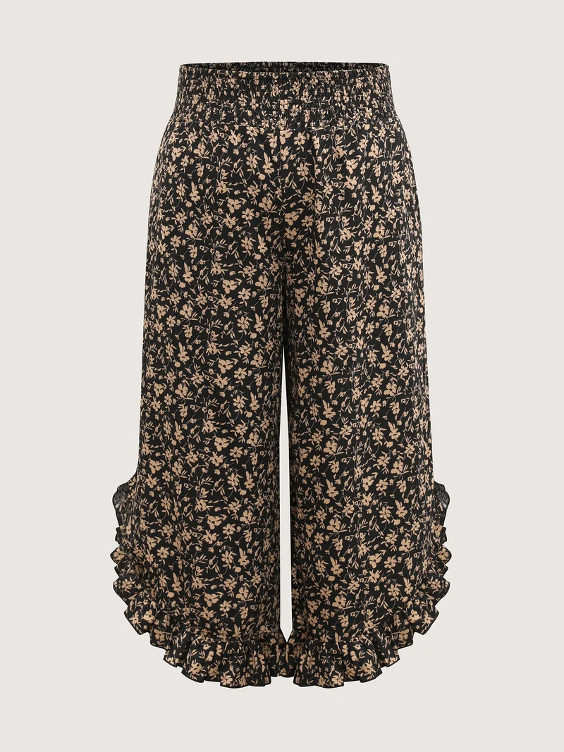 Floral Print Ruffled Asymmetrical Hem Pants
