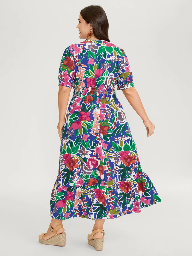 Vibrant Floral Print Notched Collar Maxi Dress