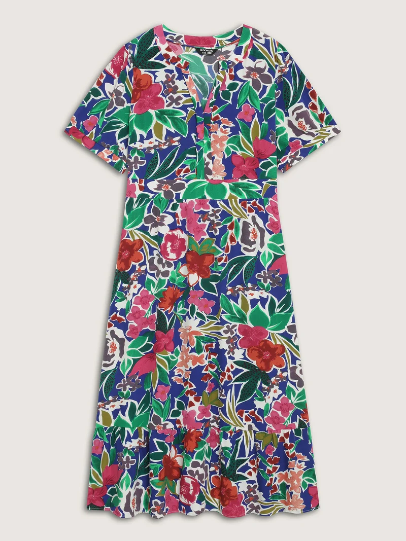 Vibrant Floral Print Notched Collar Maxi Dress