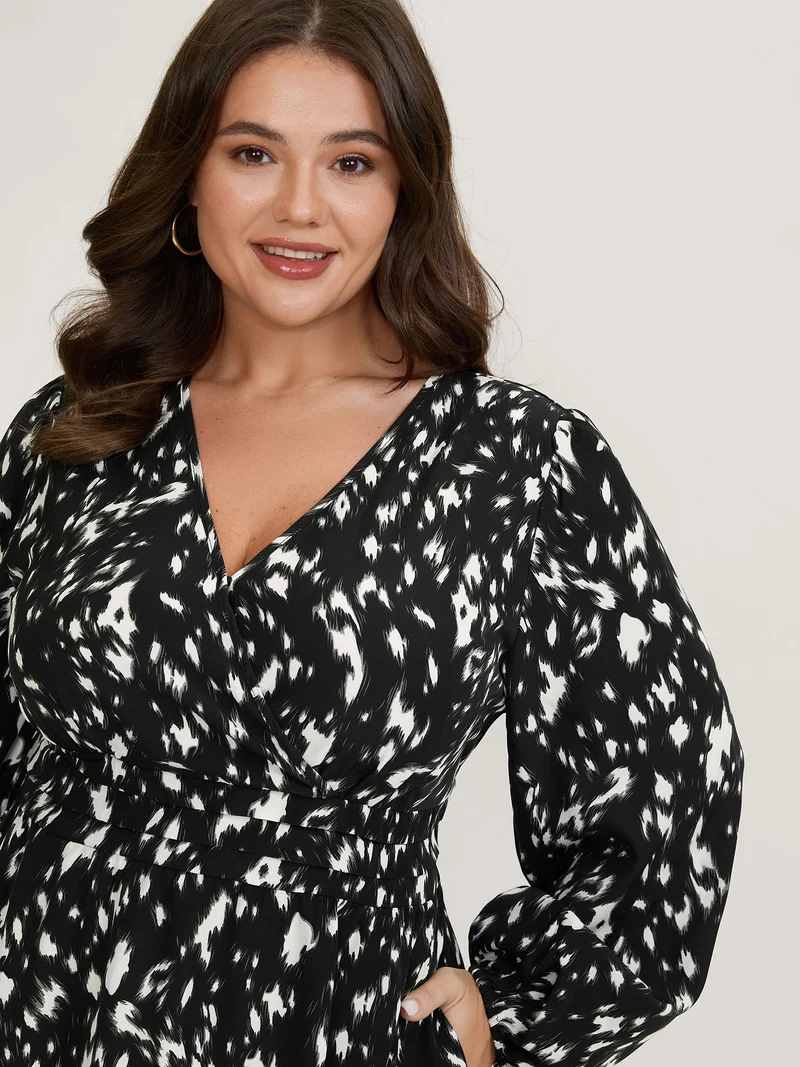 Leopard Print Pleated Waist Wrap Midi Dress