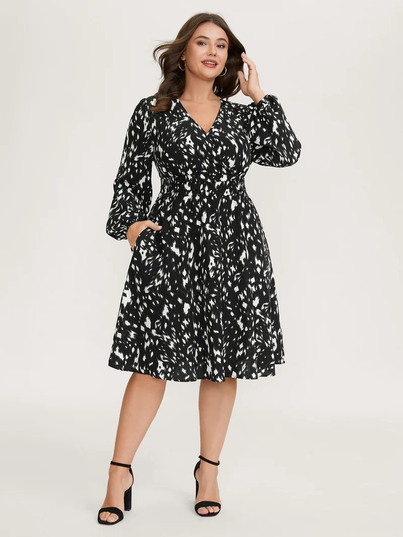 Leopard Print Pleated Waist Wrap Midi Dress
