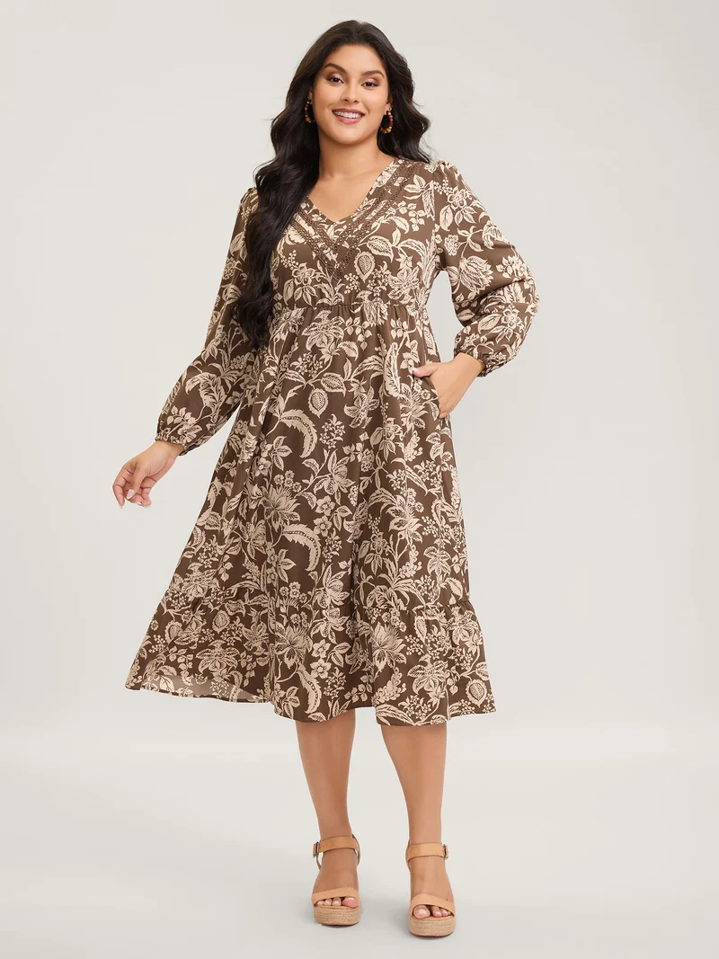 Floral Print Lace Trim V-Neck Midi Dress