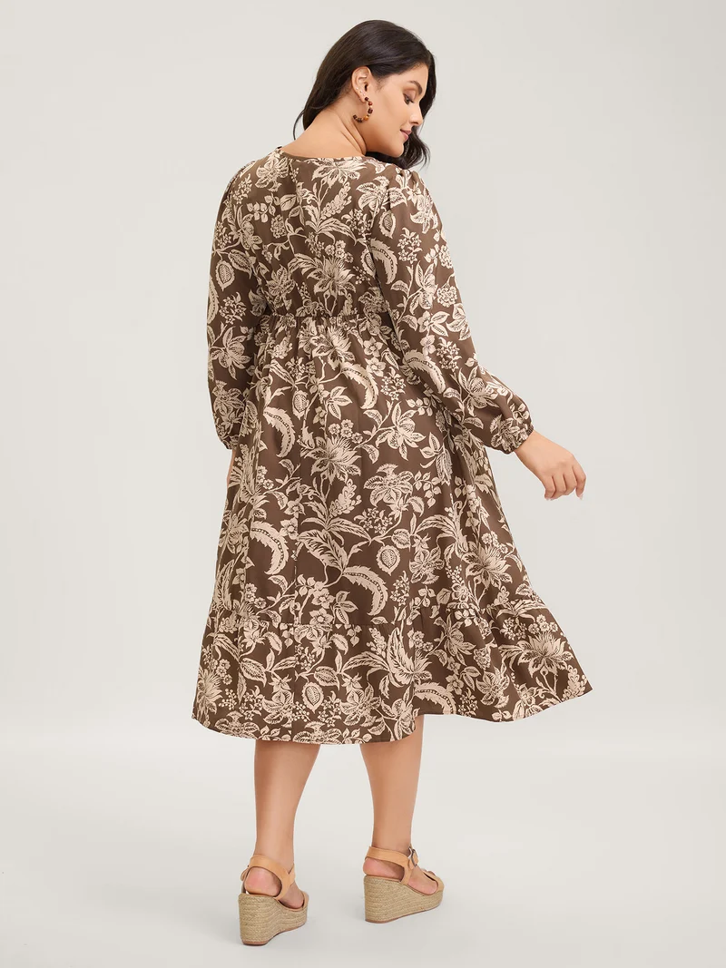 Floral Print Lace Trim V-Neck Midi Dress