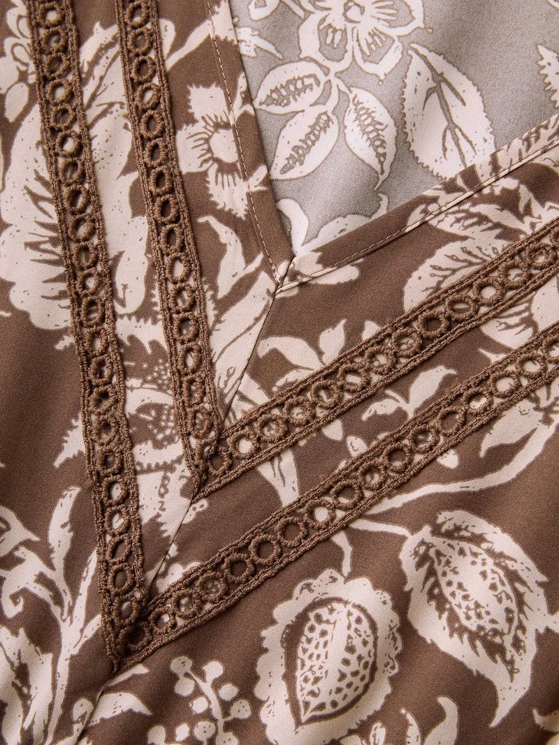 Floral Print Lace Trim V-Neck Midi Dress