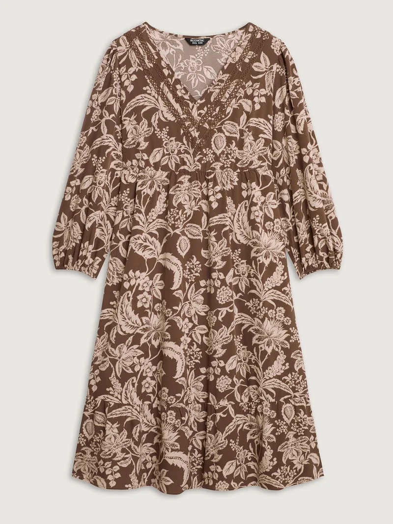 Floral Print Lace Trim V-Neck Midi Dress
