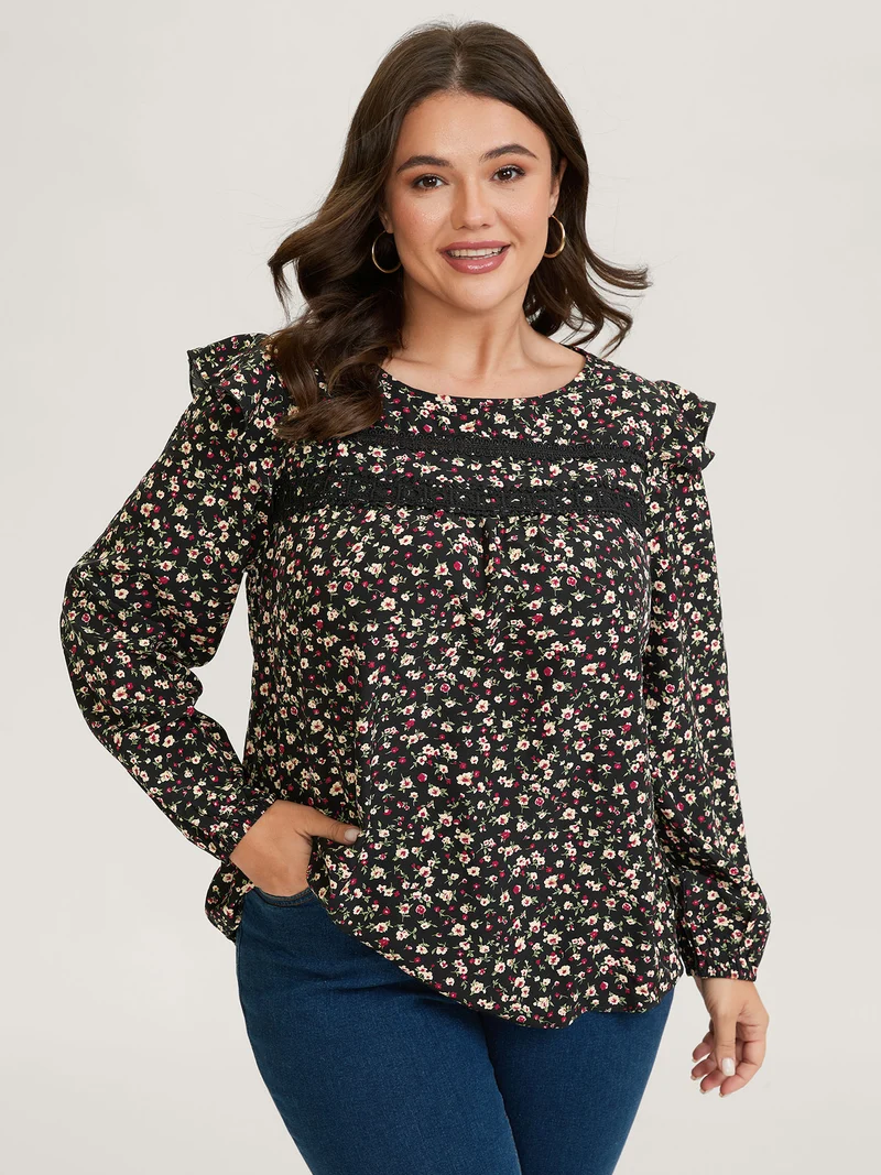 Floral Print Lace Trim Ruffled Blouse