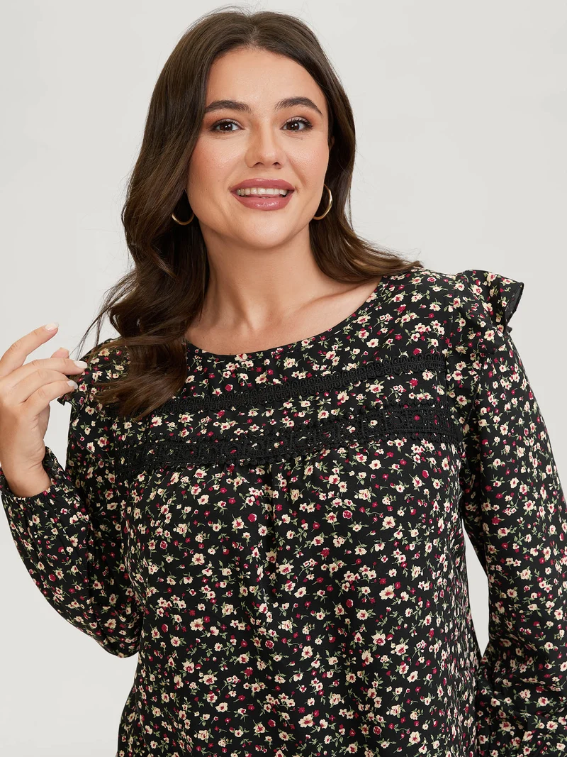 Floral Print Lace Trim Ruffled Blouse