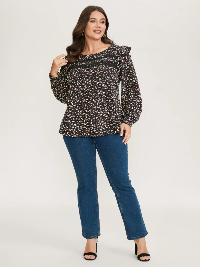 Floral Print Lace Trim Ruffled Blouse