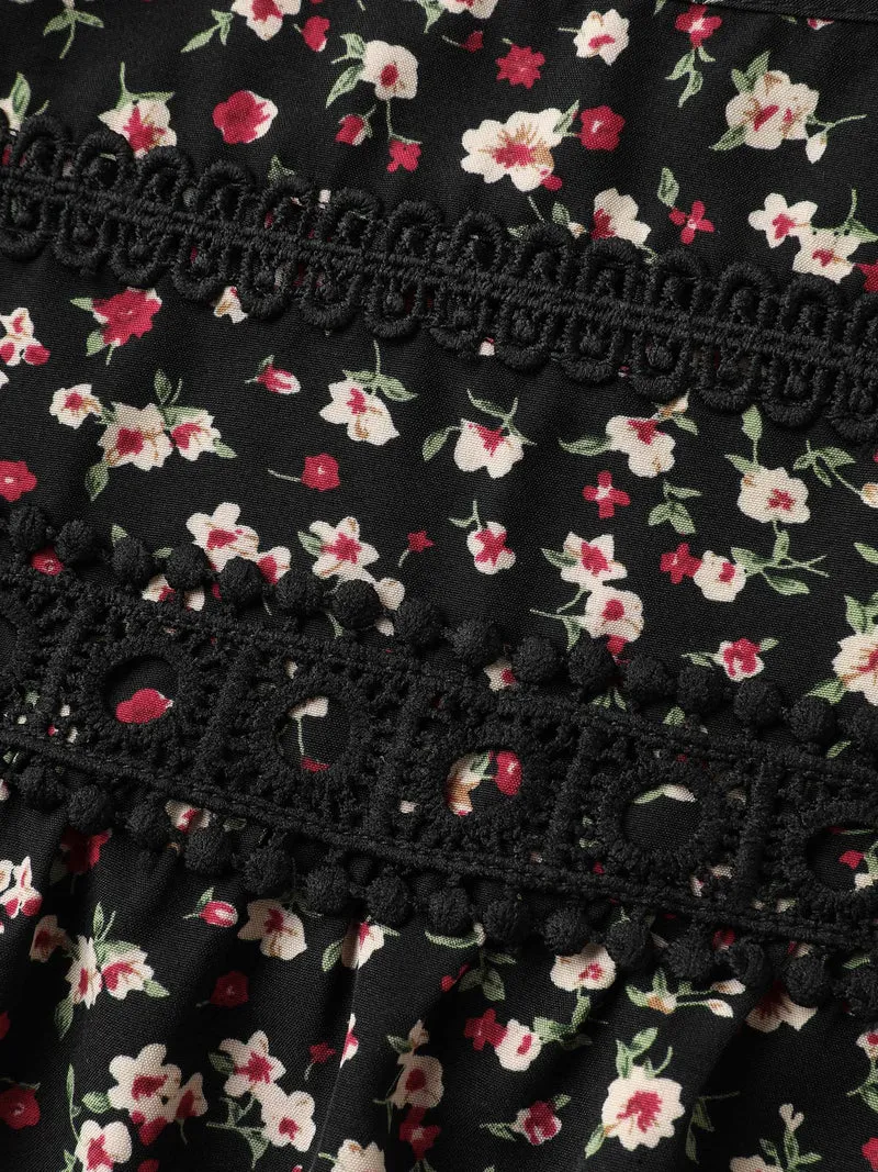 Floral Print Lace Trim Ruffled Blouse