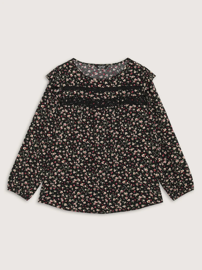 Floral Print Lace Trim Ruffled Blouse