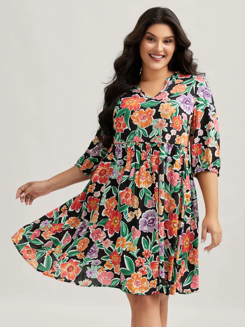 Colorful Floral Print Pockets Knee-Length Dress