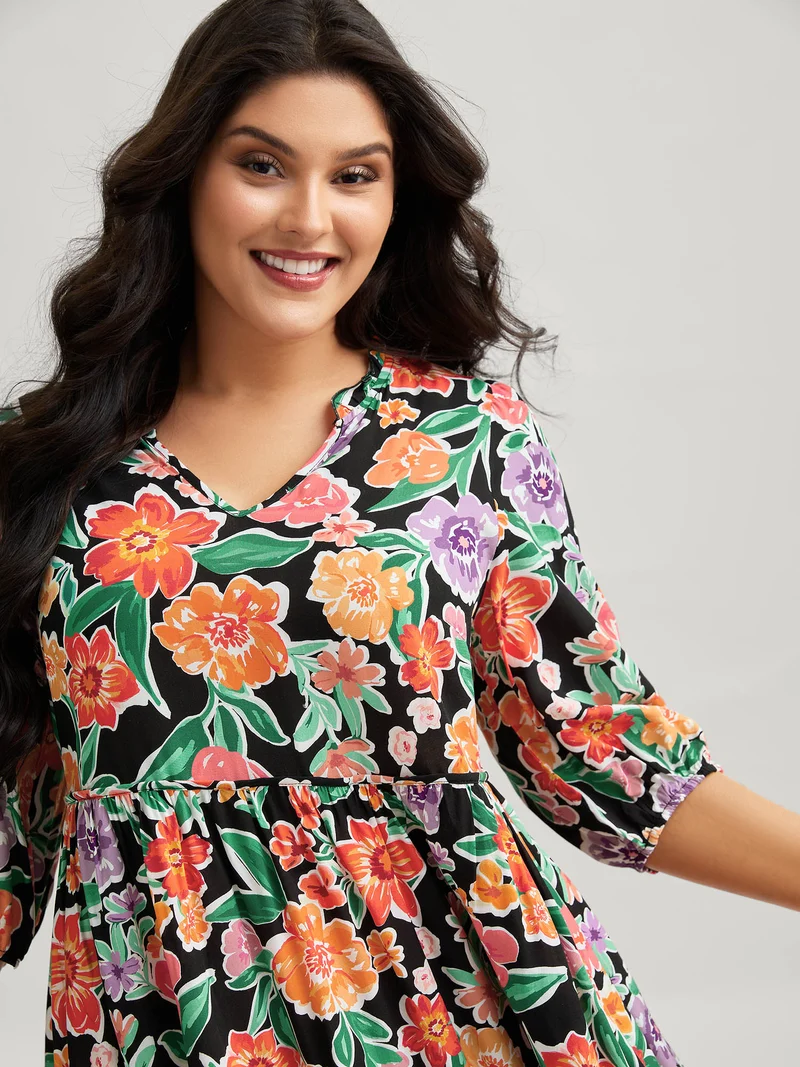 Colorful Floral Print Pockets Knee-Length Dress
