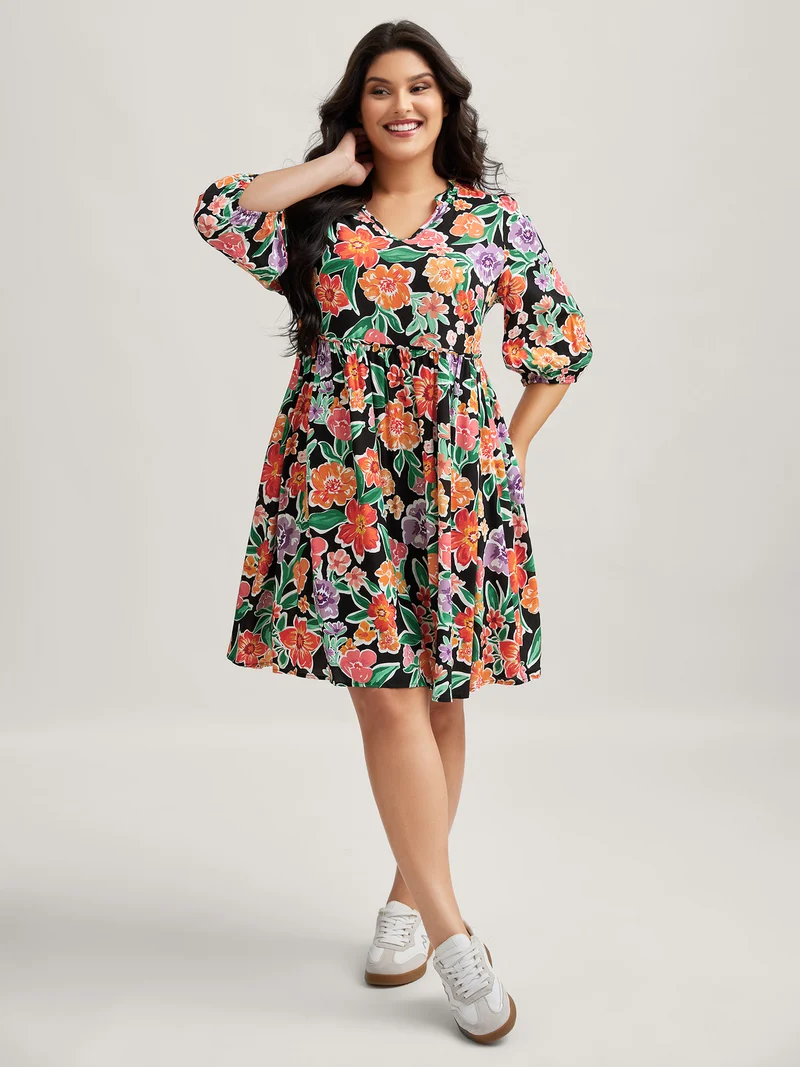 Colorful Floral Print Pockets Knee-Length Dress