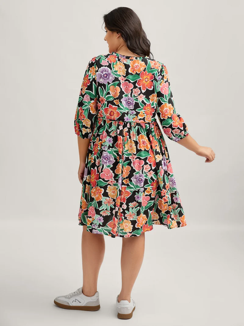 Colorful Floral Print Pockets Knee-Length Dress