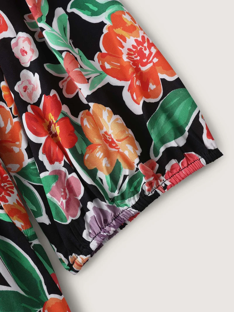 Colorful Floral Print Pockets Knee-Length Dress