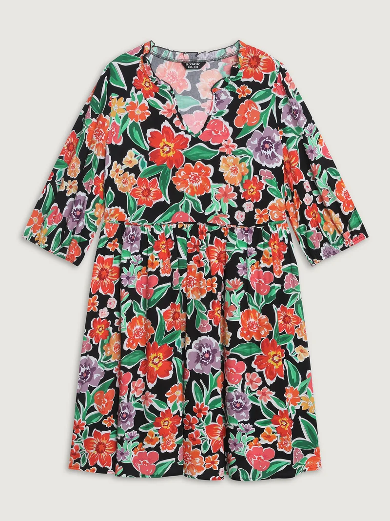 Colorful Floral Print Pockets Knee-Length Dress