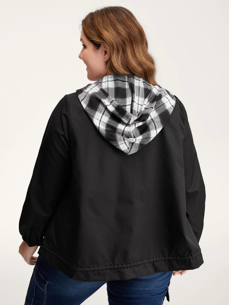 2-in-1 Plaid Hooded Adjustable Drawstring Jacket