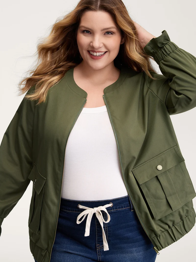 Lined Pockets Shirred Cuffs Zipper Jacket