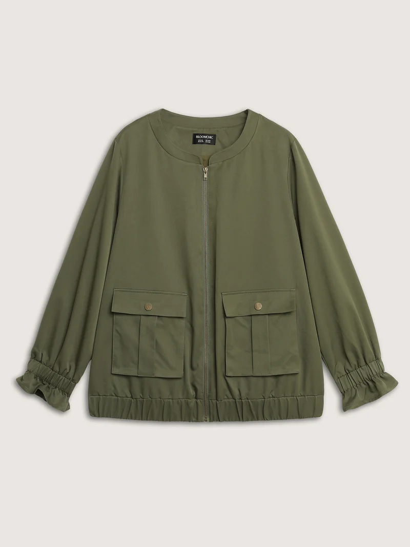Lined Pockets Shirred Cuffs Zipper Jacket