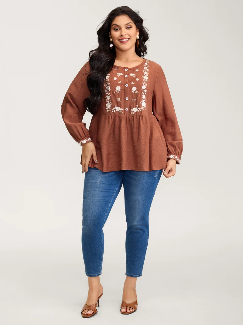 Supersoft Floral Embroidery Button Blouse