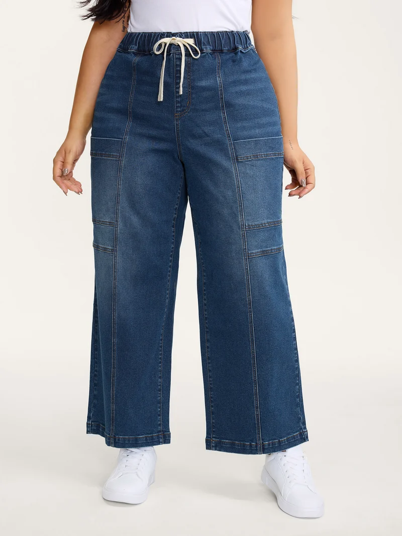 Stretchy Waist Drawstring Straight-Leg Jeans