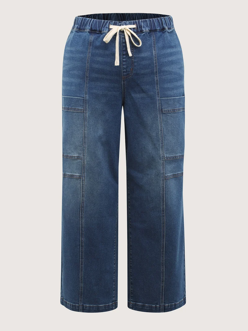 Stretchy Waist Drawstring Straight-Leg Jeans