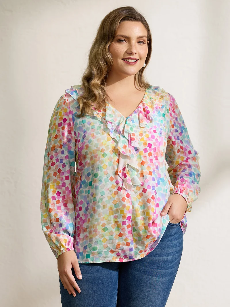Ruffled Neckline Colorful Geometric Rayon Blouse