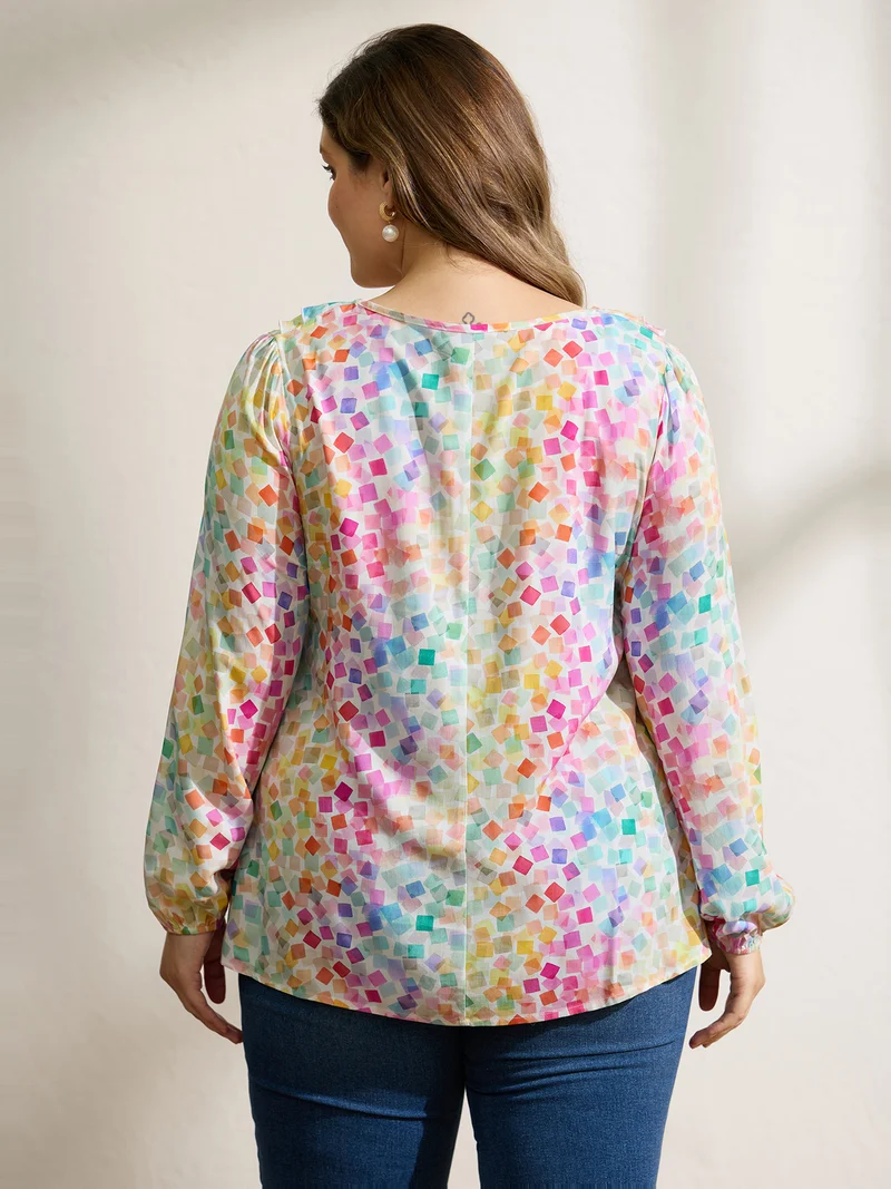 Ruffled Neckline Colorful Geometric Rayon Blouse