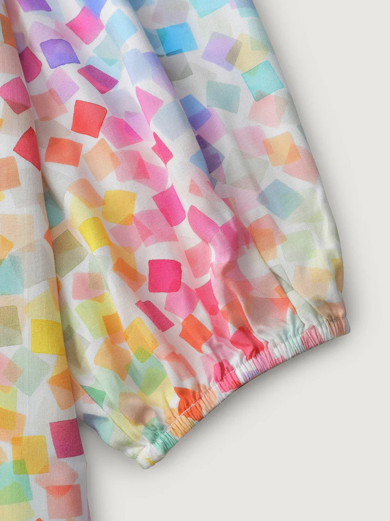 Ruffled Neckline Colorful Geometric Rayon Blouse
