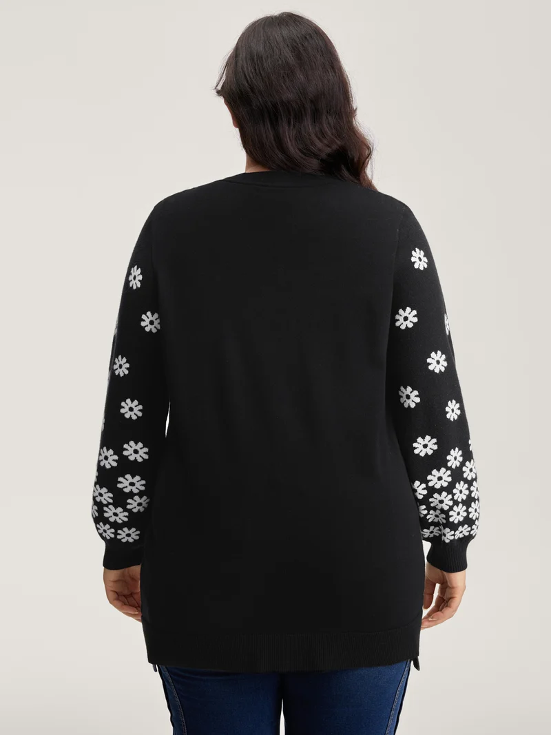 Scattered Floral Pattern Open-Front Cardigan