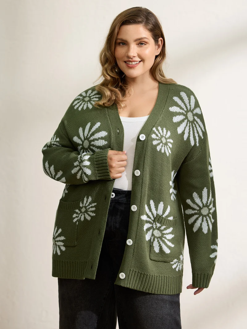 Floral Jacquard Button Pockets Knit Cardigan