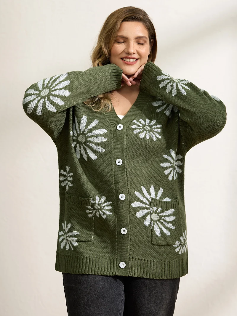 Floral Jacquard Button Pockets Knit Cardigan