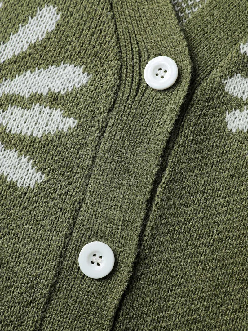 Floral Jacquard Button Pockets Knit Cardigan
