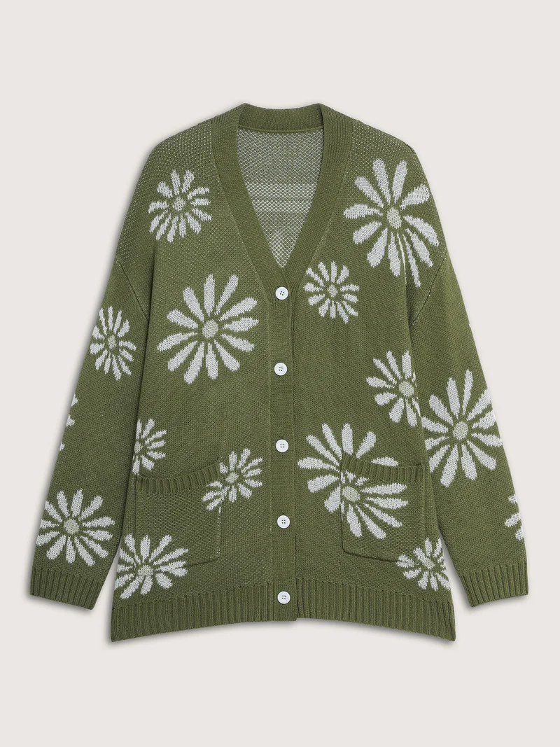 Floral Jacquard Button Pockets Knit Cardigan